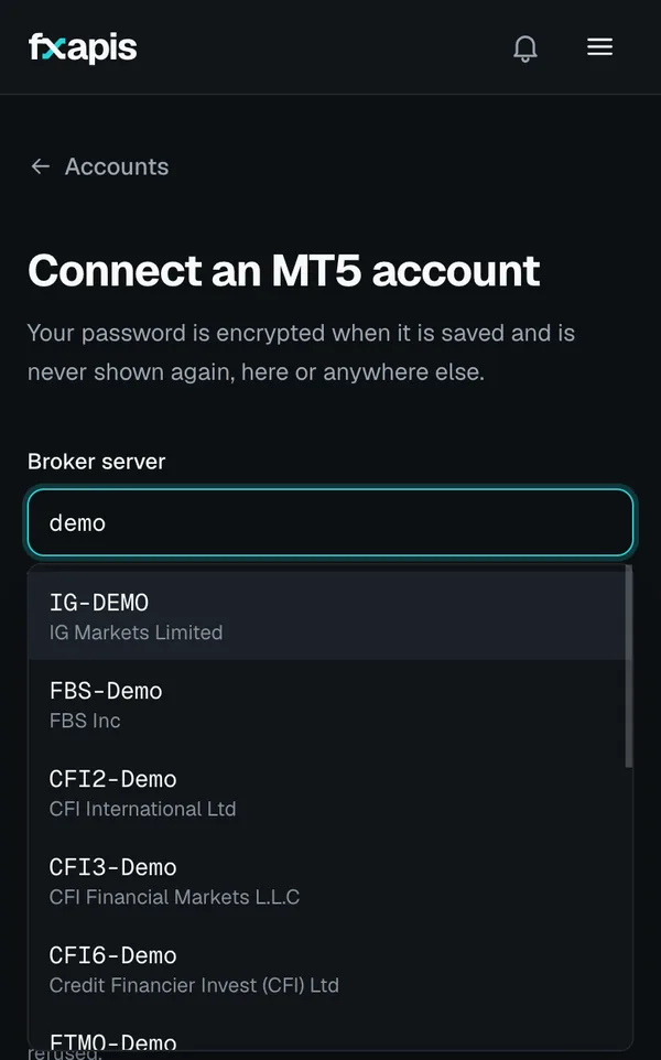 The Connect an MT5 account form on a phone: typing demo into the Broker server field lists demo servers from several brokers, each with the broker's company name.