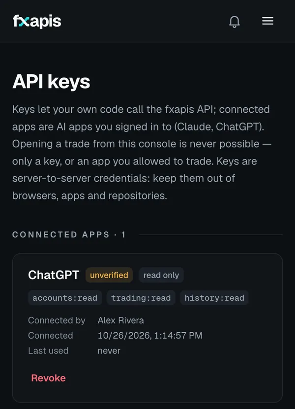 The API keys page on a phone with ChatGPT under Connected apps, marked read only with the scopes accounts:read, trading:read and history:read, and a Revoke button.
