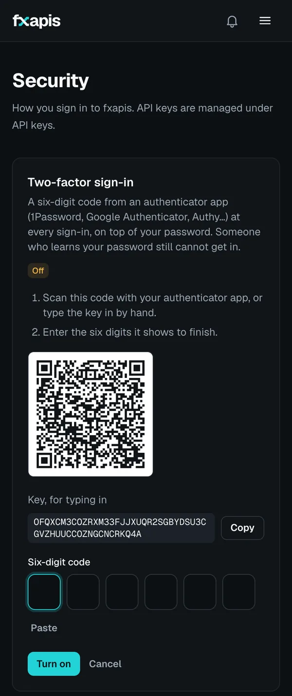 Turning on two-factor sign-in in the fxapis console on a phone: a QR code, the key for typing in with a Copy button, six boxes for the code, and the Turn on button.